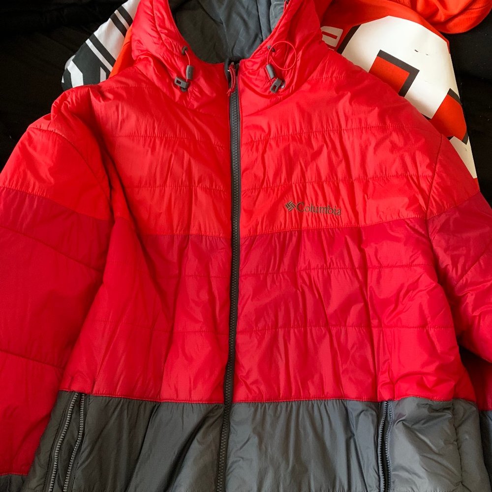 Men's Red Grey Insulated Puffer Hooded Down Jacket